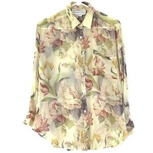 Adrienne Vittadini Elegant 100% Silk Sheer‎ Butter Yellow Floral Summer Blouse S